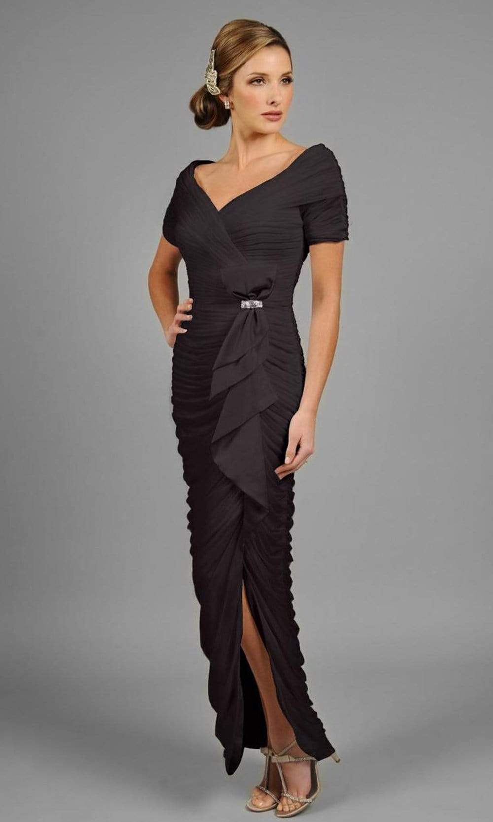 Alexander by Daymor - 8031 Shirred Off Shoulder Long Gown Mother of the Bride Dresses 2 / Espresso