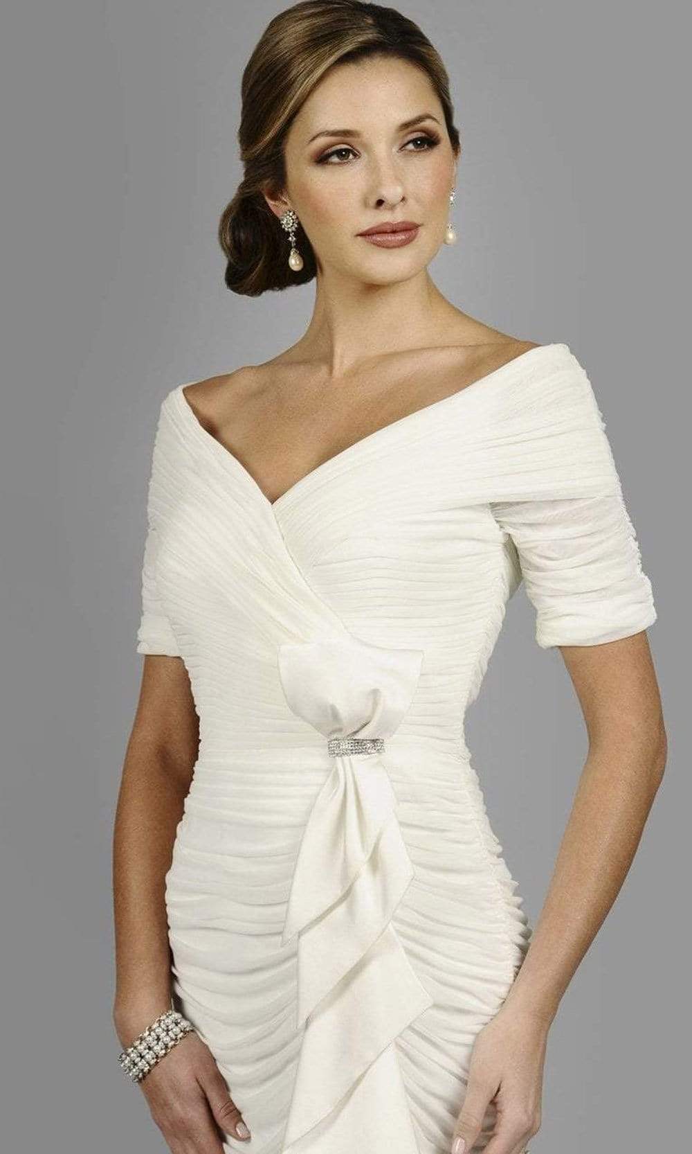 Daymor Couture - Shirred Off Shoulder Long Gown 8031 in White