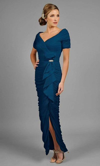 Alexander by Daymor - 8031 Shirred Off Shoulder Long Gown Mother of the Bride Dresses 2 / Teal Blue