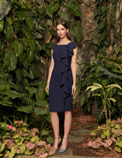 Alexander by Daymor - 958 Knee Length Cap Sleeve Beaded Cascade Dress Mother of the Bride Dresses 2 / Navy