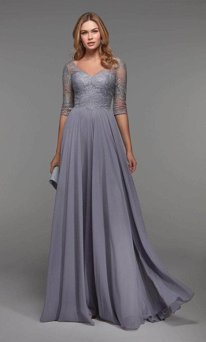 Alyce Paris - 27475 Embroidered V-neck Long Dress - 1 pc Grey in Size 16 Available CCSALE 16 / Grey