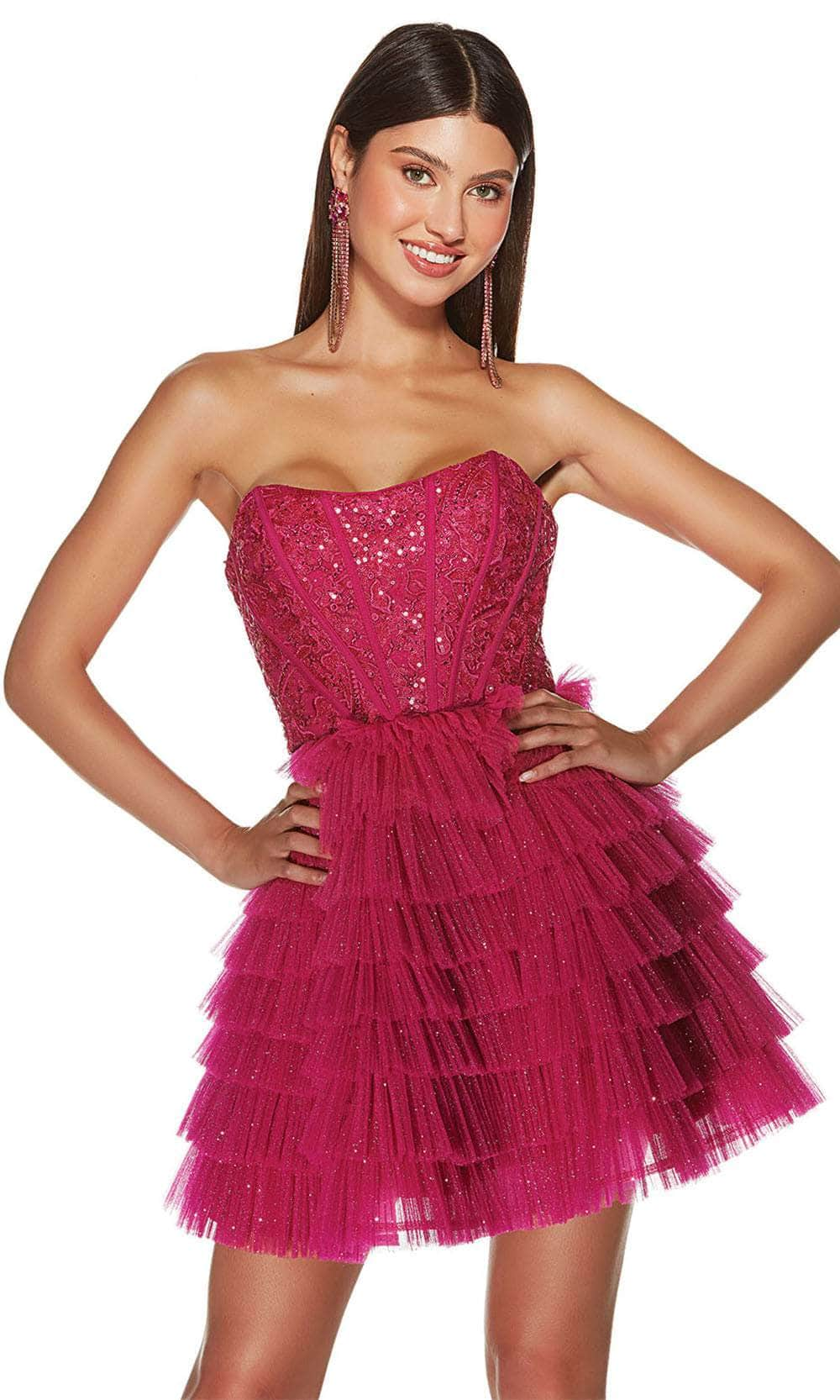 Alyce Paris 3767 - Strapless Beaded Lace Cocktail Dress Homecoming Dresses 000 / Raspberry