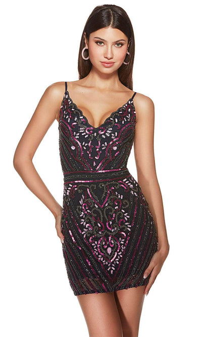 Alyce Paris 4883 - Intricate Sequin Embellished V-Neck Cocktail Dress Cocktail Dresses 000 / Navy-Multi