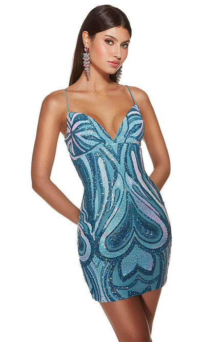 Alyce Paris 4899 - V-Neck Sequined Embellished Cocktail Dress Cocktail Dresses 000 / Blue Radiance