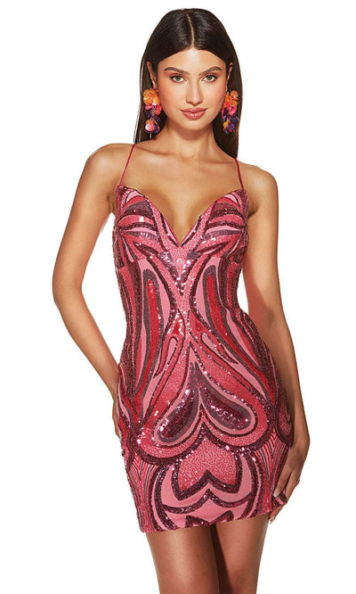 Alyce Paris 4899 - V-Neck Sequined Embellished Cocktail Dress Cocktail Dresses 000 / Fuchsia