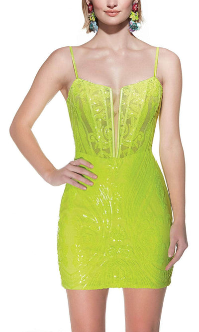 Alyce Paris 4901 - Patterned Sequin Fitted Cocktail Dress Cocktail Dresses 000 / ElectricLime