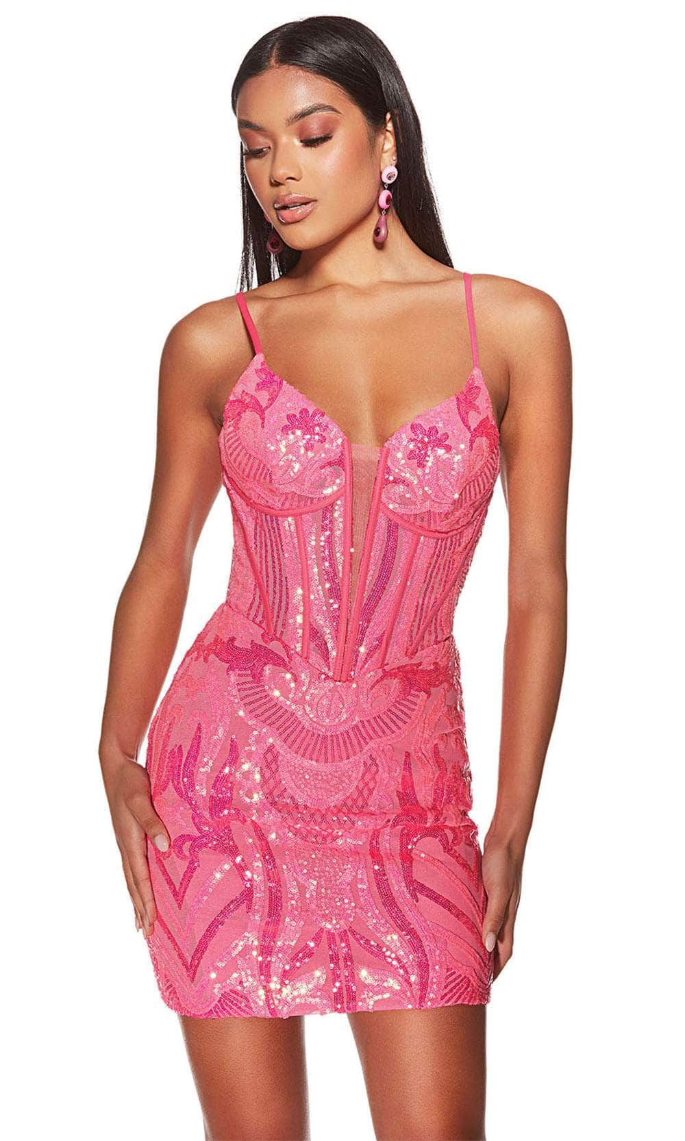 Alyce Paris 4905 - Corset Bodice Sequined Cocktail Dress Cocktail Dresses 000 / Neon Pink