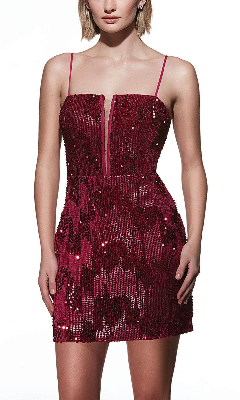 Alyce Paris 4932 - V-Neck Sequin Velvet Cocktail Dress Cocktail Dresses 000 / Raspberry