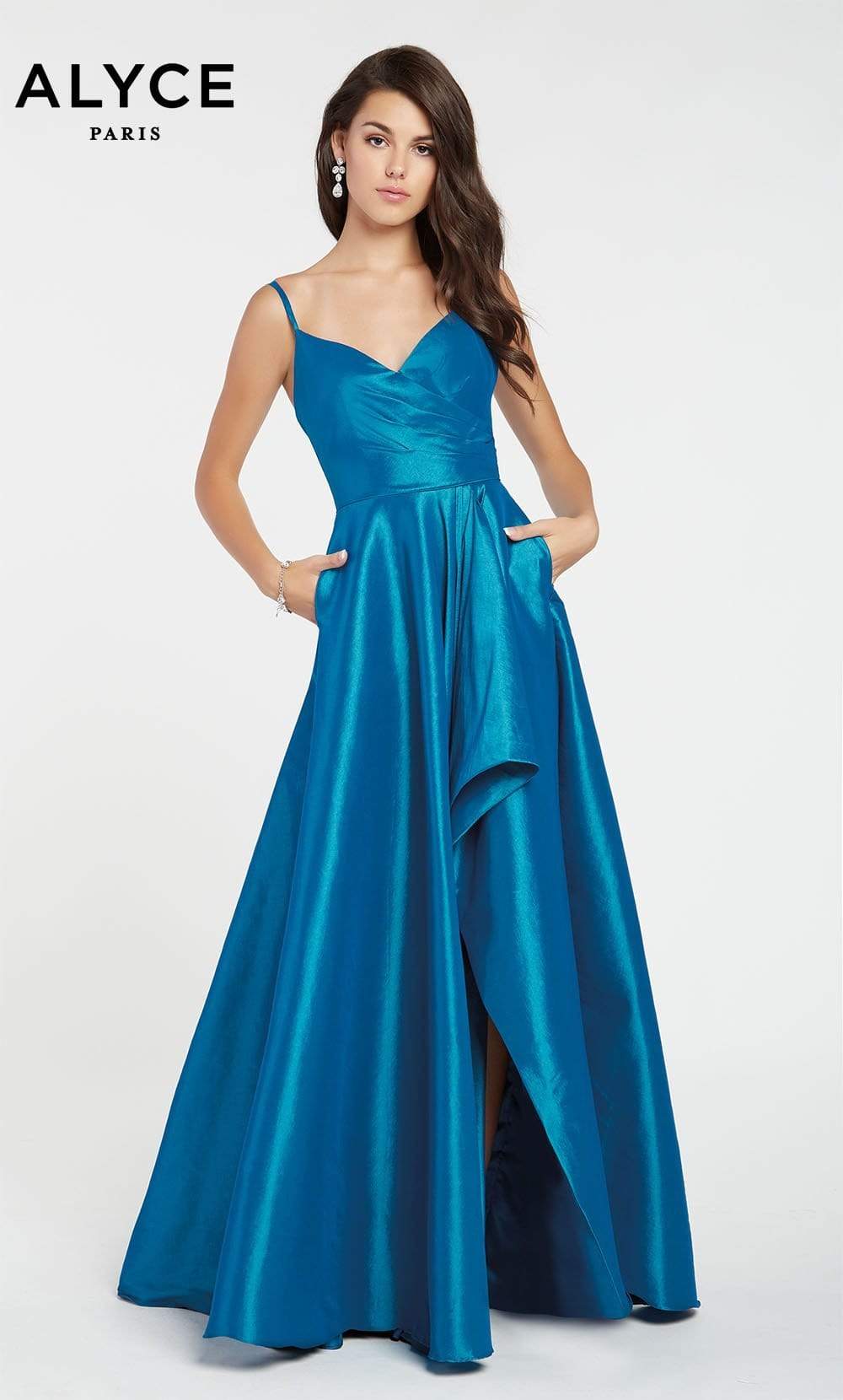 Alyce Paris - 60094 Surplice Bodice Taffeta High Slit A-Line Gown Evening Dresses
