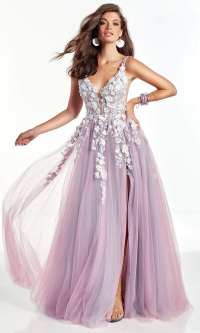 Alyce Paris - 60894 3D Floral Lace Tulle High Slit A-line Gown Prom Dresses 000 / Silver Lake/French Pink