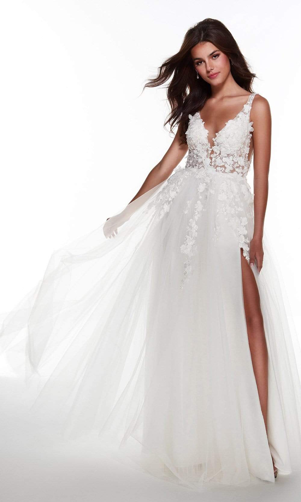 Alyce Paris - 60894 3D Floral Lace Tulle High Slit A-line Gown Prom Dresses
