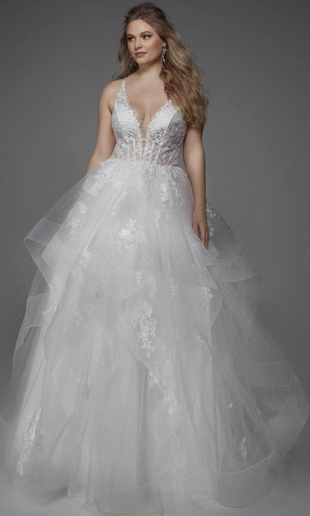 Alyce Paris 60903 - Plunging Floral Applique Ballgown Special Occasion Dress 000 / Diamond White