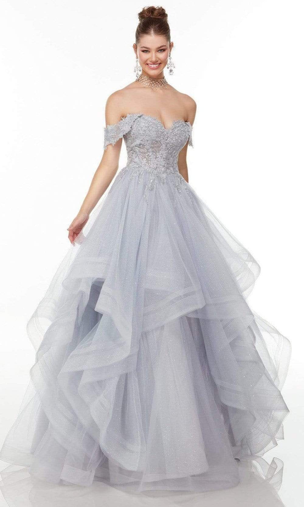 Alyce Paris - 61095 Lace Detailed Off Shoulder Gown Special Occasion Dress 000 / Silver Lake