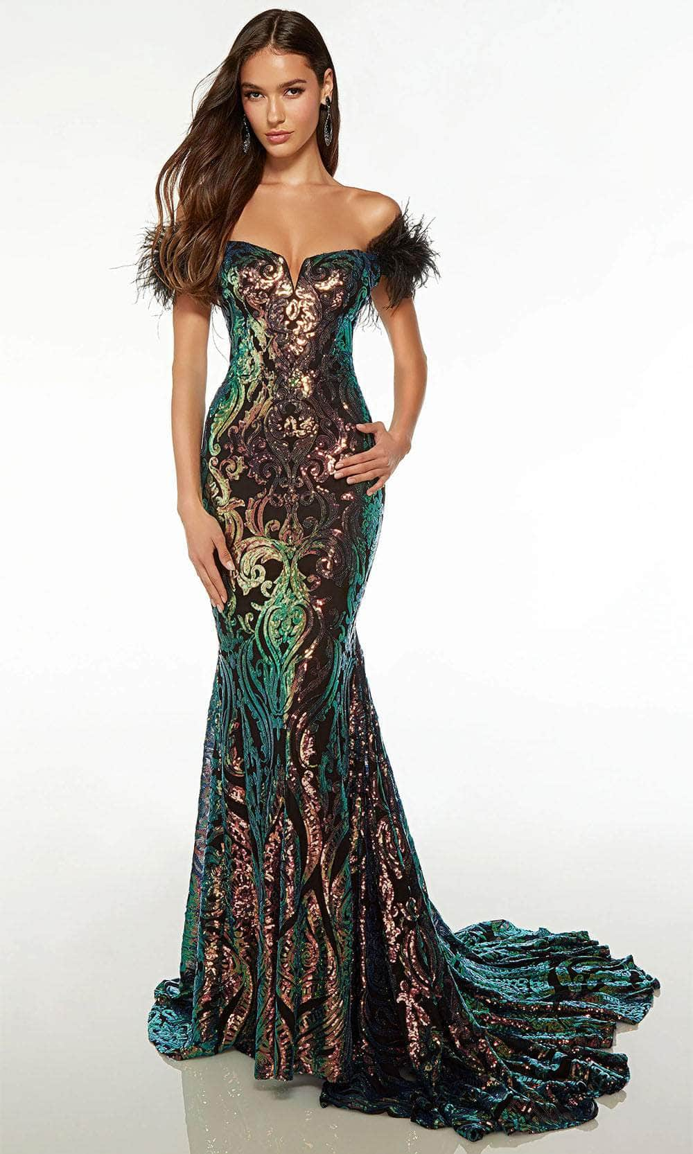 Alyce Paris 61595 - Feather Detailed Fitted Bodice Prom Gown Evening Dresses 000 / Dragon Scale