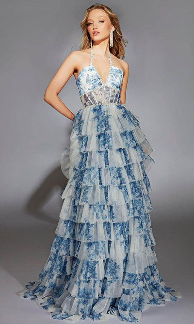 Alyce Paris 61730 - Tiered Ruffle Corset Halter Gown Prom Dresses 000 /  Blue White