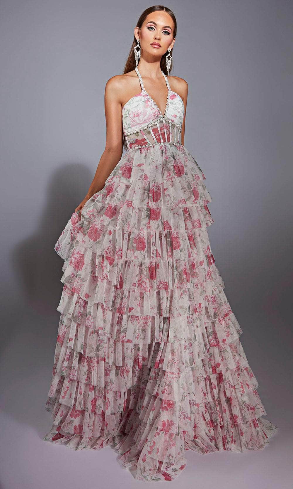 sheer mesh corset tiered a line dress Long Tiered Corset Prom Dress: Poly USA 9698 Blue / XSmall