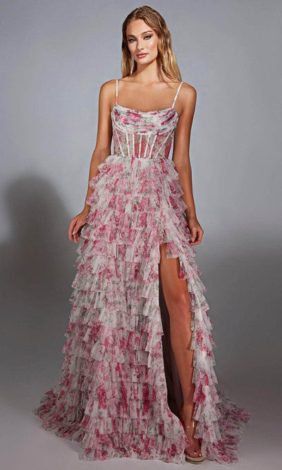 Alyce Paris 61732 - High Slit Floral Tiered Gown Prom Dresses 000 /  Pink/White