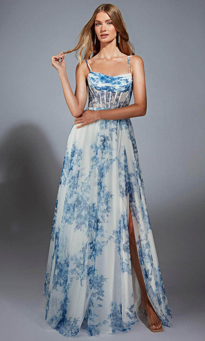 Alyce Paris 61752 - Cowl Neckline Sheer Corset Dress Prom Dresses 000 /  Blue/White