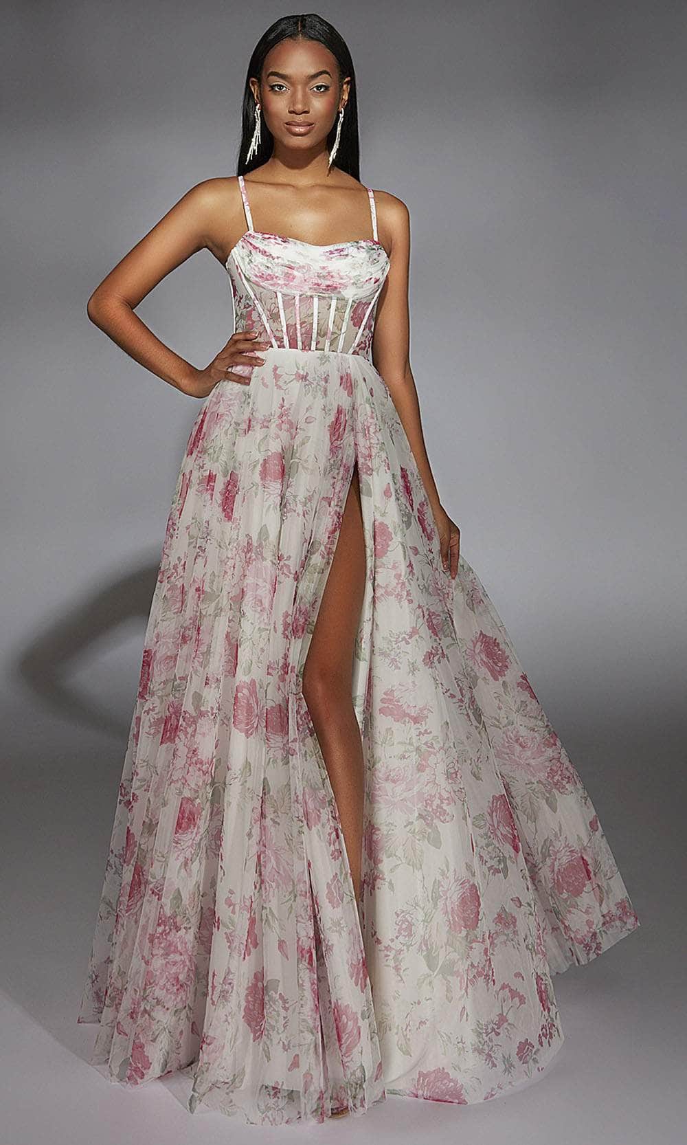 Alyce Paris 61752 - Cowl Neckline Sheer Corset Dress Prom Dresses 000 /  Pink/White