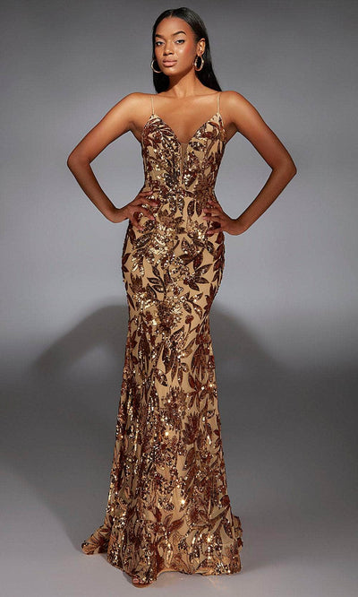 Alyce Paris 61755 - Plunging V-Neck Sparkling Dress Prom Dresses 000 /  Gold