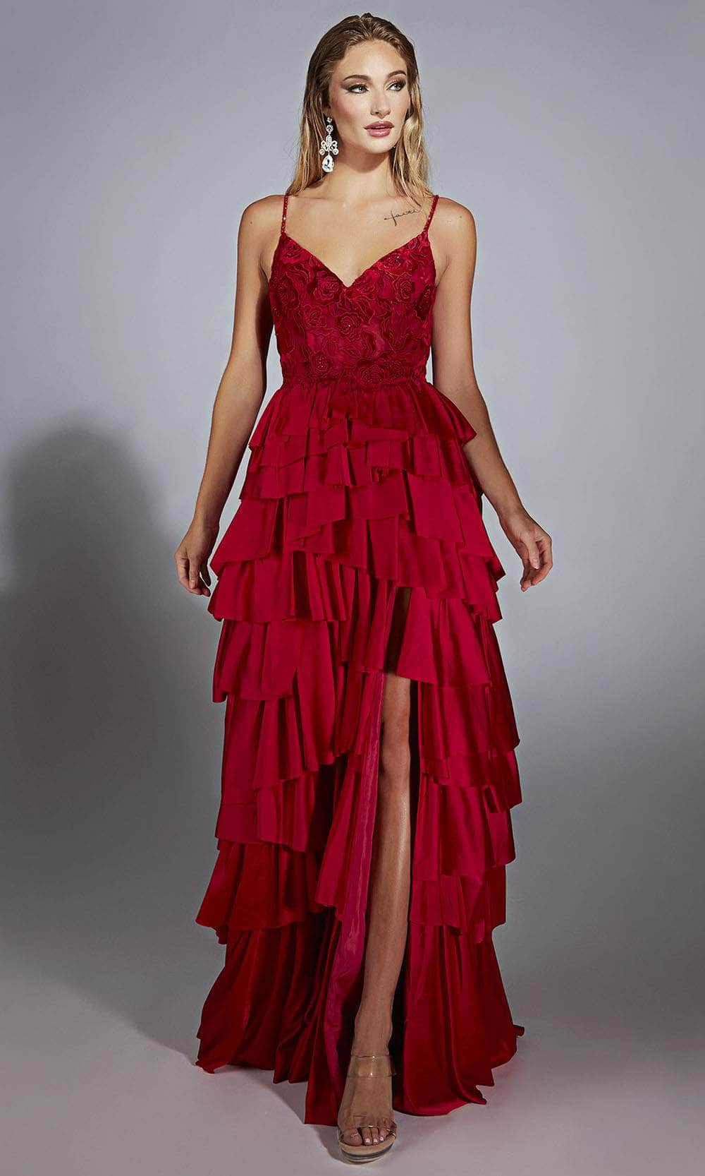Alyce Paris 61756 - V-Neck Ruffled Satin Chiffon Dress Prom Dresses 000 /  Red