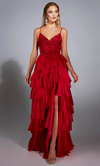 Alyce Paris 61756 - V-Neck Ruffled Satin Chiffon Dress Prom Dresses 000 /  Red