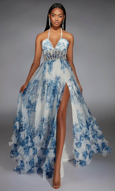 Alyce Paris 61757 - Sheer Corset Ruffled Hem Gown Prom Dresses 000 /  Blue/White