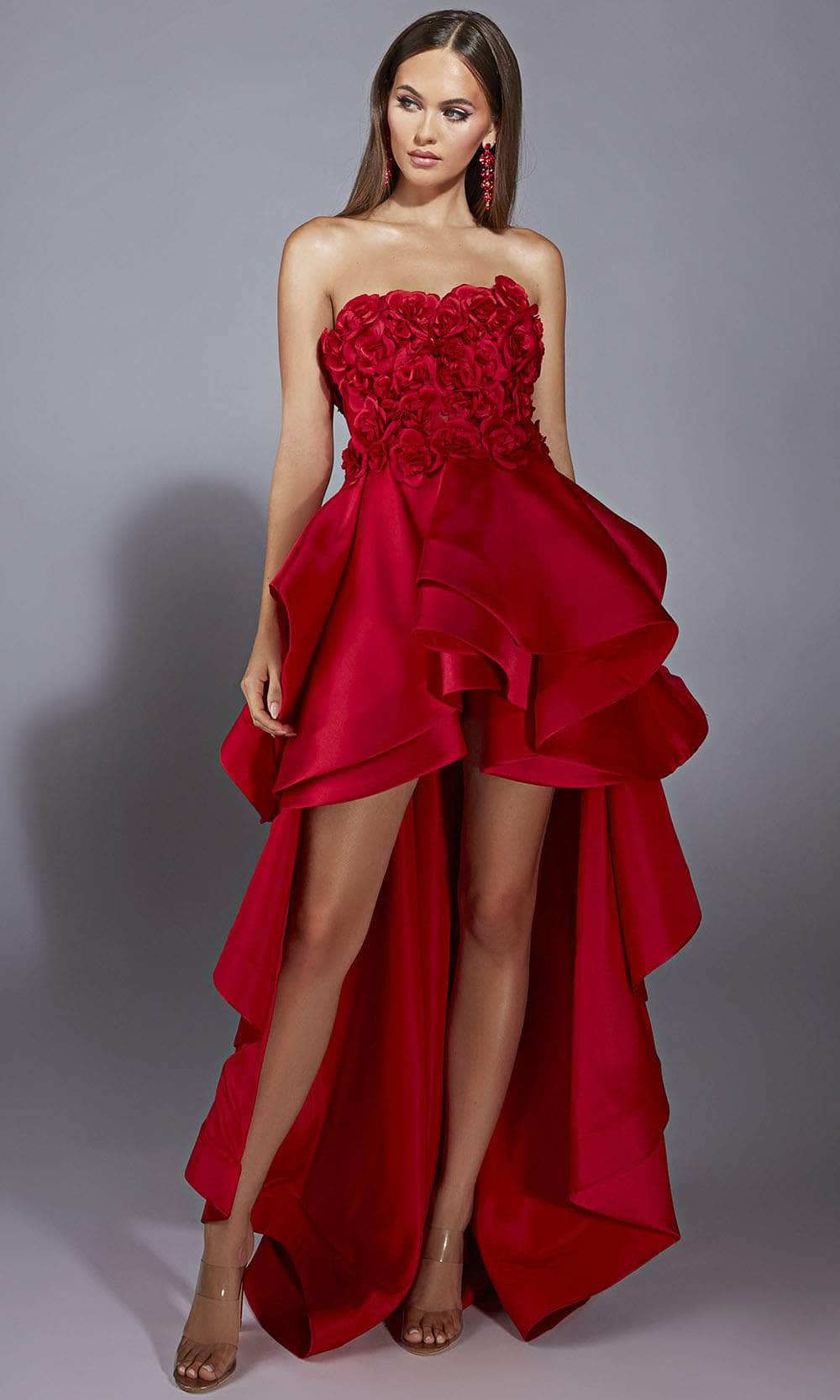 Alyce Paris 61829 - Strapless High-Low Dress with Floral Bodice Prom Dresses 000 / Red