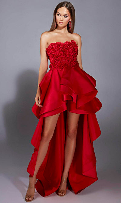 Alyce Paris 61829 - Strapless High-Low Dress with Floral Bodice Prom Dresses 000 / Red