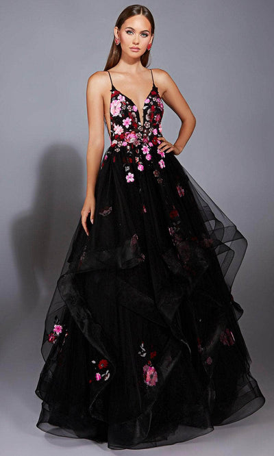 Alyce Paris 61838 - V-Neck Tulle Ballgown with Floral Sequin Prom Dresses 000 / Black/Multi