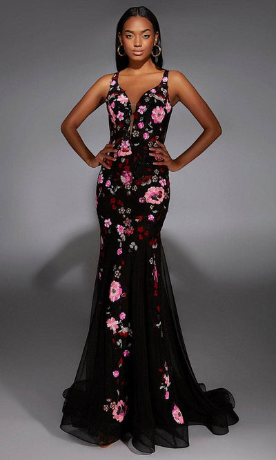 Alyce Paris 61839 - Floral Sequin Deep V-Neckline Gown Prom Dresses 000 / Black Multi