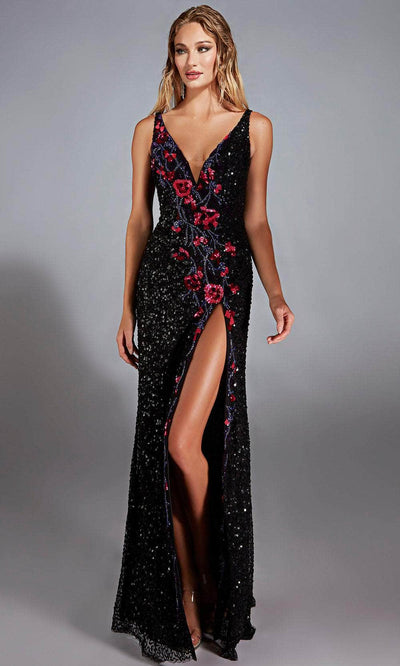 Alyce Paris 61841 - Sequined V-Neck High Slit Gown Prom Dresses 000 /  Black Multi