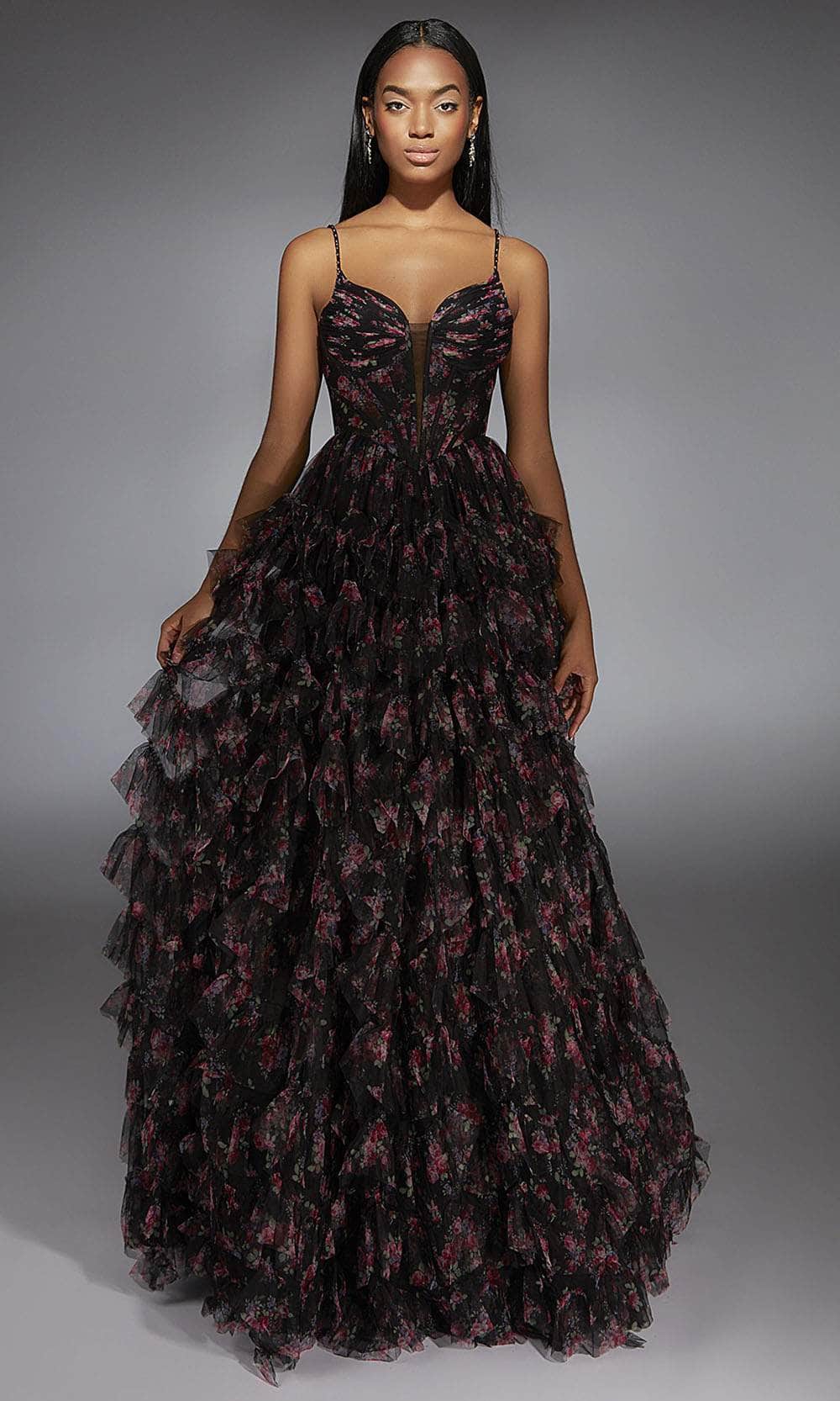 Alyce Paris 61866 - Printed V-Neck Ballgown with Corset Bodice Ballgown 000 /  Black/Pink