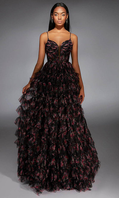 Alyce Paris 61866 - Printed V-Neck Ballgown with Corset Bodice Ballgown 000 /  Black/Pink