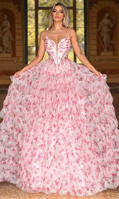 Alyce Paris 61866 - Printed V-Neck Ballgown with Corset Bodice Ballgown 000 /  Pink