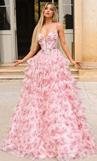 Alyce Paris 61866 - Printed V-Neck Ballgown with Corset Bodice Ballgown