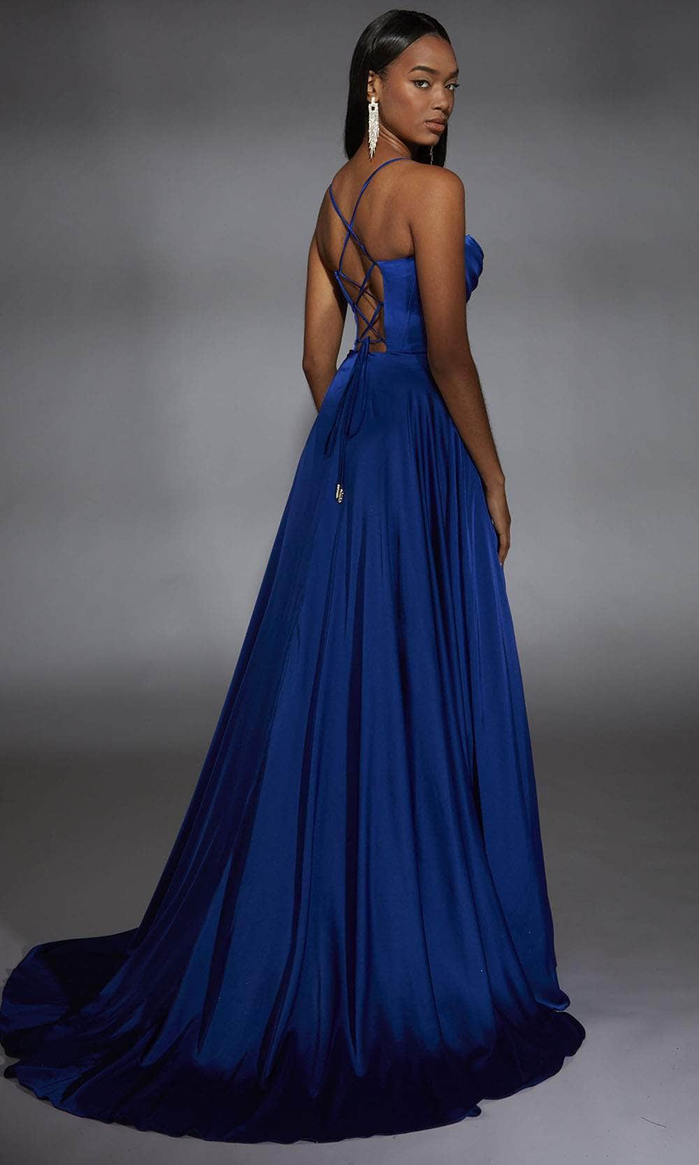 Alyce Paris 61883 - Long Satin Chiffon A-Line Dress - Draped Bodice, Spaghetti Straps, Structured Bodice, High Slit, Lace-Up Back 2 / Royal Alyce Paris 61883 - Long Satin Chiffon A-Line Dress - Draped Bodice, Spaghetti Straps, Structured Bodice, High Slit, Lace-Up Back 2 / Royal