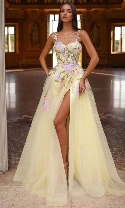 Alyce Paris 61909 - Floral Sleeveless A-Line Gown with Slit Prom Dresses 000 /  Light Yellow/Multi
