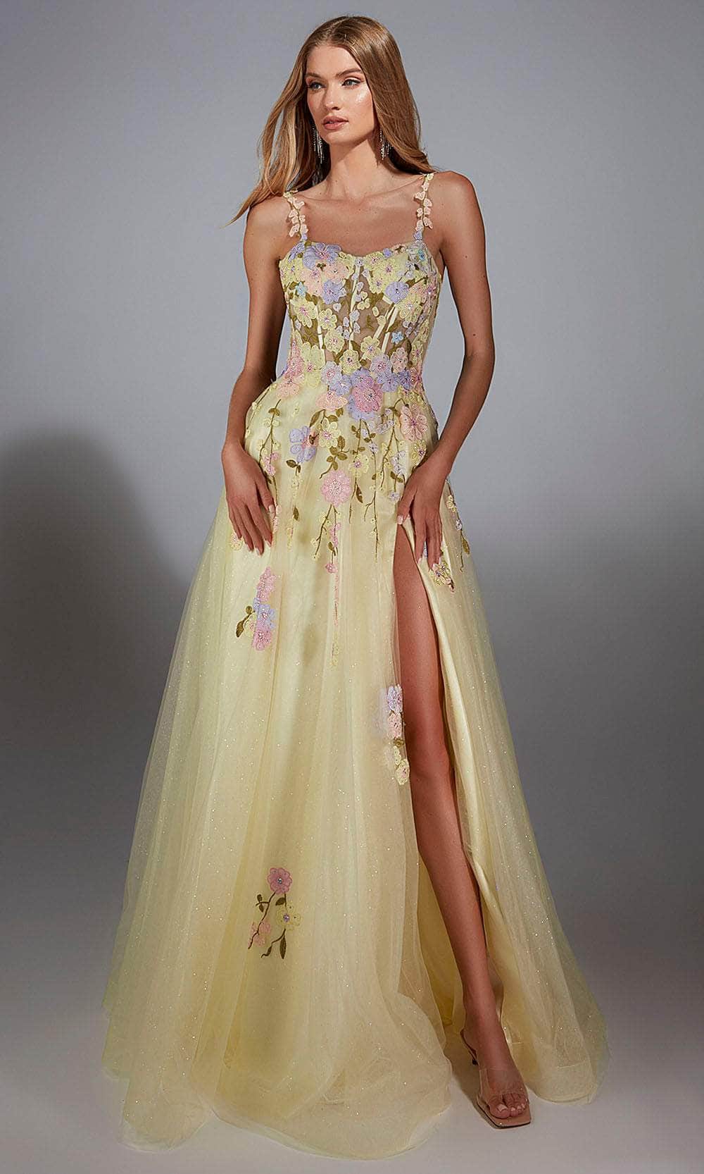 Alyce Paris 61909 - Floral Sleeveless A-Line Gown with Slit Prom Dresses