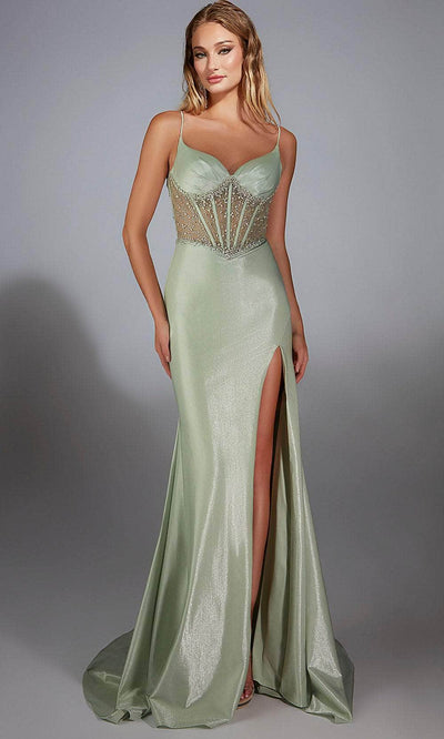 Alyce Paris 61916 - Illusion Corset Jersey Sheath Gown Prom Dresses 000 /  Celadon