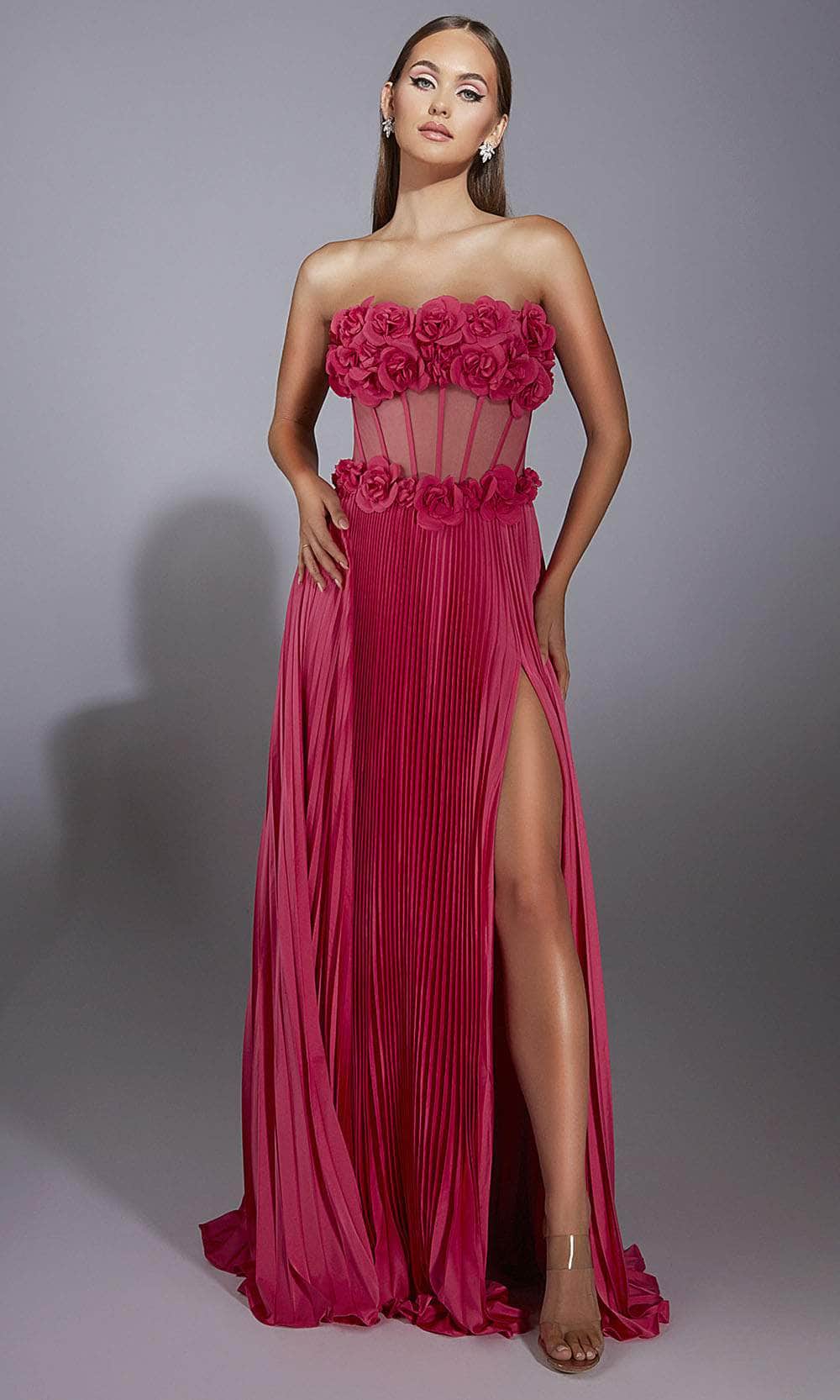 Alyce Paris 61935 - Floral Strapless Pleated Gown Prom Dresses 000 / Hot Pink