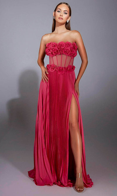 Alyce Paris 61935 - Floral Strapless Pleated Gown Prom Dresses 000 / Hot Pink