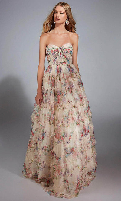 Alyce Paris 61957 - Romantic Floral Print A-line Gown Prom Dresses 000 /  Champagne