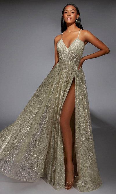 Alyce Paris 61973 - Glitter Bodice A-Line Gown with Slit Prom Dresses