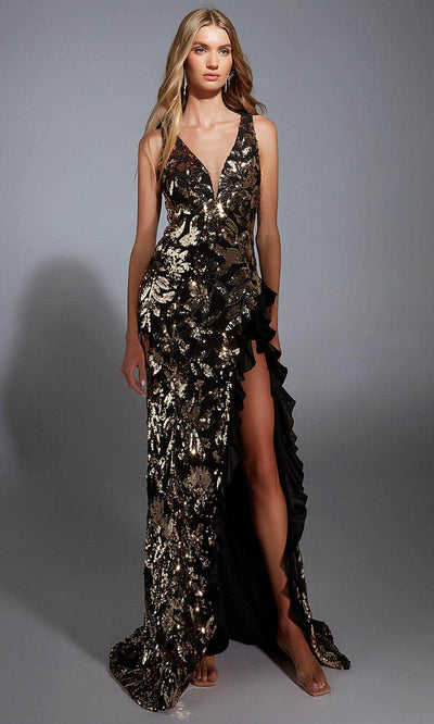 Alyce Paris 61975 - Metallic Floral Sheath Gown Prom Dresses 000 / Black-Gold