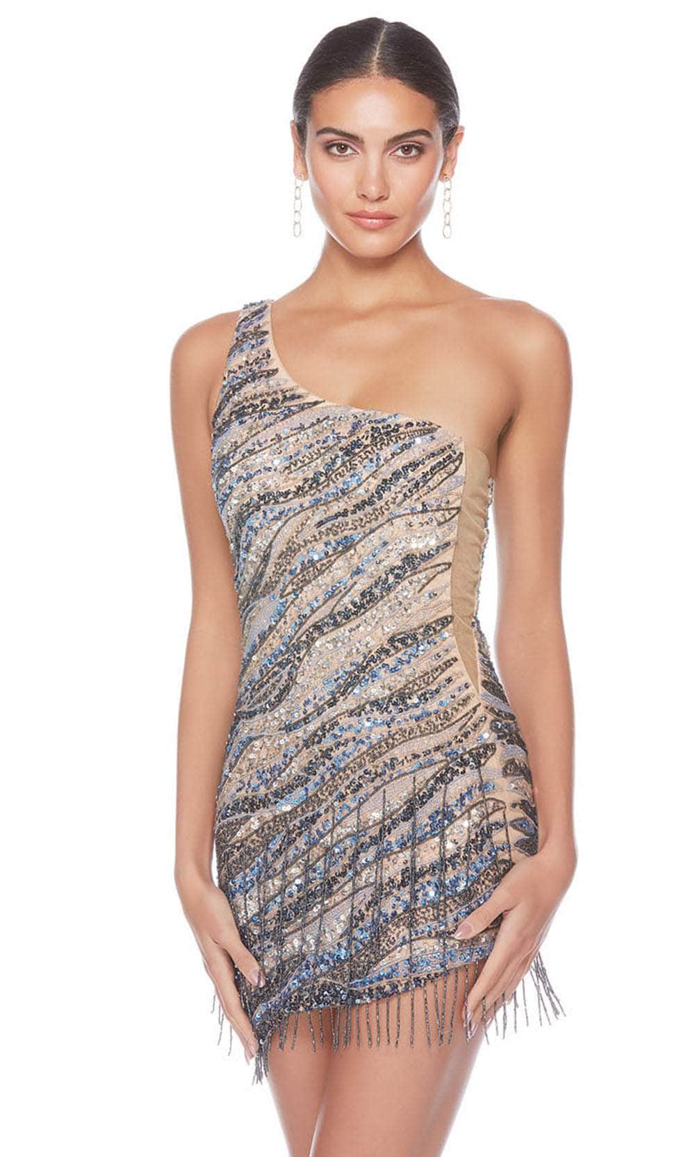 Alyce Paris 84011 - Sequined One-Sleeve Cocktail Dress Party Dresses 000 / Blue Coral