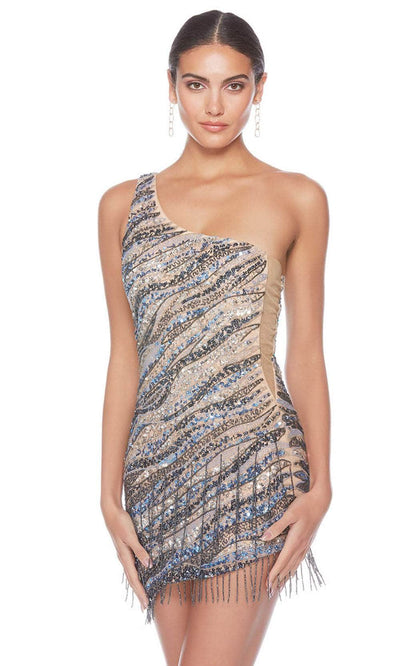 Alyce Paris 84011 - Sequined One-Sleeve Cocktail Dress Party Dresses 000 / Blue Coral