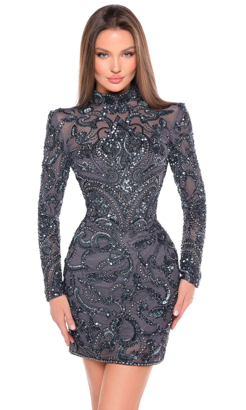Amarra 88006 - Sequin High Neck Cocktail Dress Special Occasion Dress 000 / Charcoal