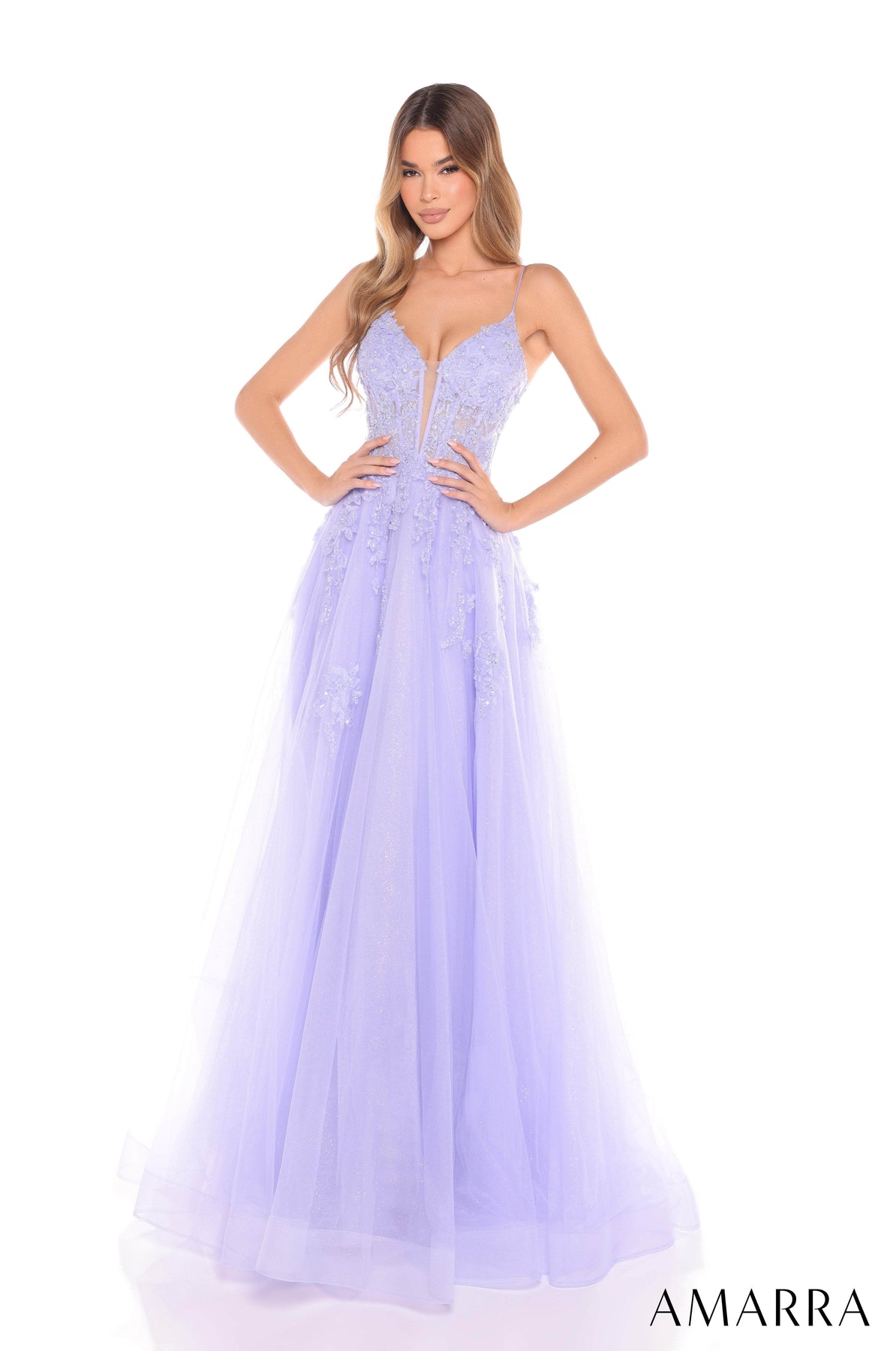Amarra 88253 - Long Glitter Tulle, Lace A-Line Dress - Floral Embroidery, Beaded, Illusion Corset Bodice, Lace-Up Back, Sleeveless ADASA Amarra 88253 - Long Glitter Tulle, Lace A-Line Dress - Floral Embroidery, Beaded, Illusion Corset Bodice, Lace-Up Back, Sleeveless ADASA