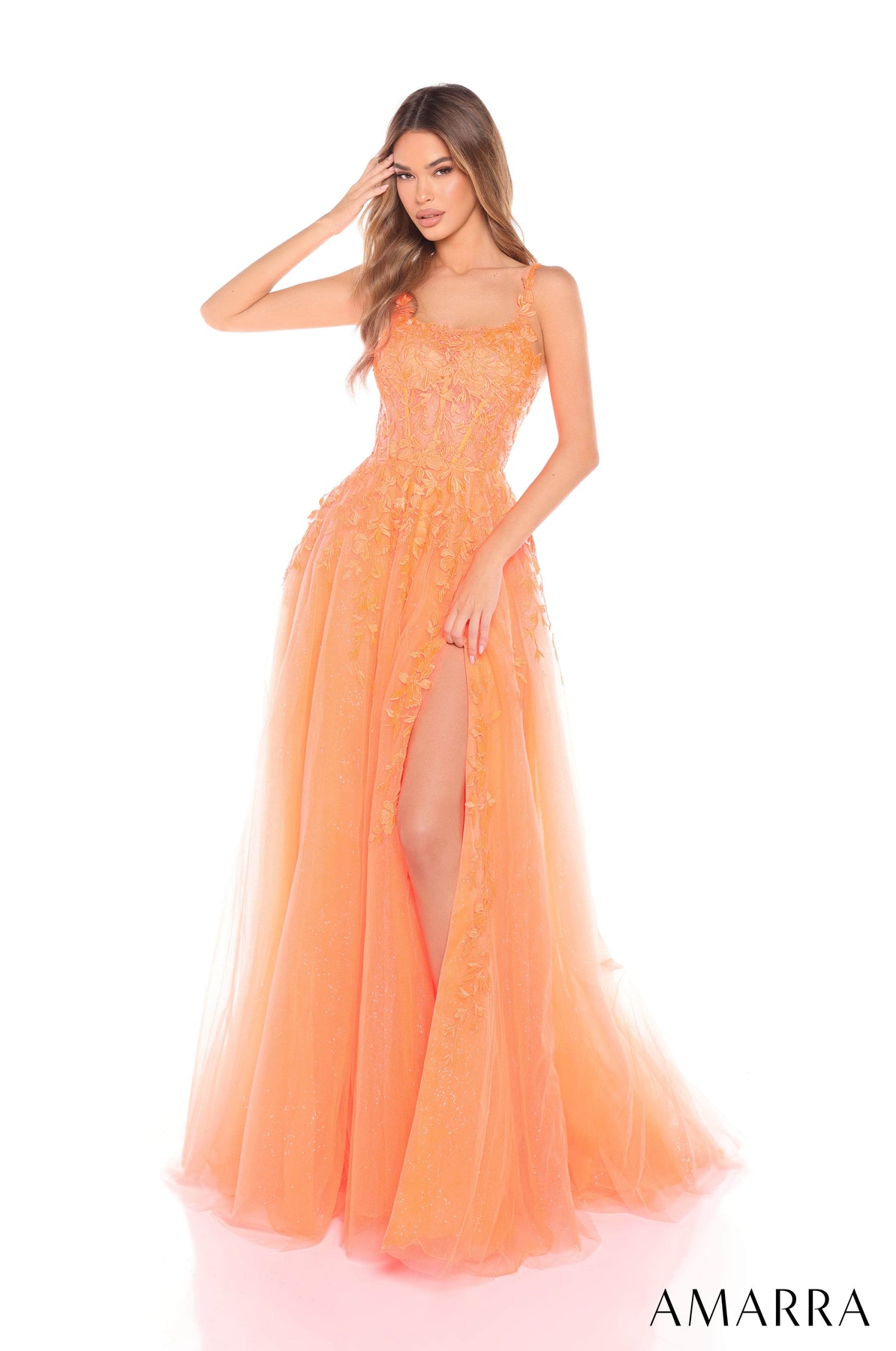 Amarra 88310 - Long Glitter Tulle A-line Dress - Sleeveless, Lace Straps, Floral Lace Embroidery, Beaded, Pocket, High Slit ADASA Amarra 88310 - Long Glitter Tulle A-line Dress - Sleeveless, Lace Straps, Floral Lace Embroidery, Beaded, Pocket, High Slit ADASA